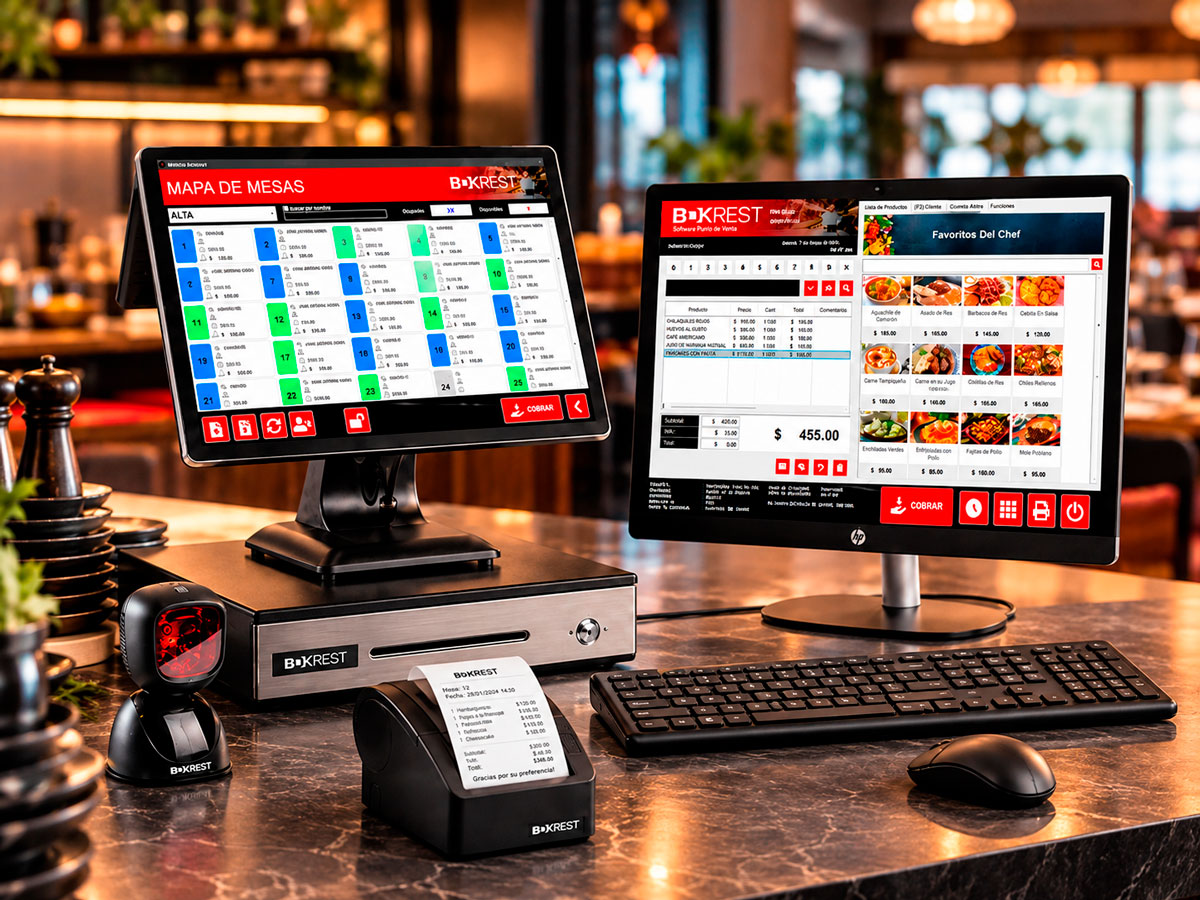 Pantallas de BDKREST con el mapa de mesas y la captura de una venta, junto a impresora de tickets y lector de código en un restaurante