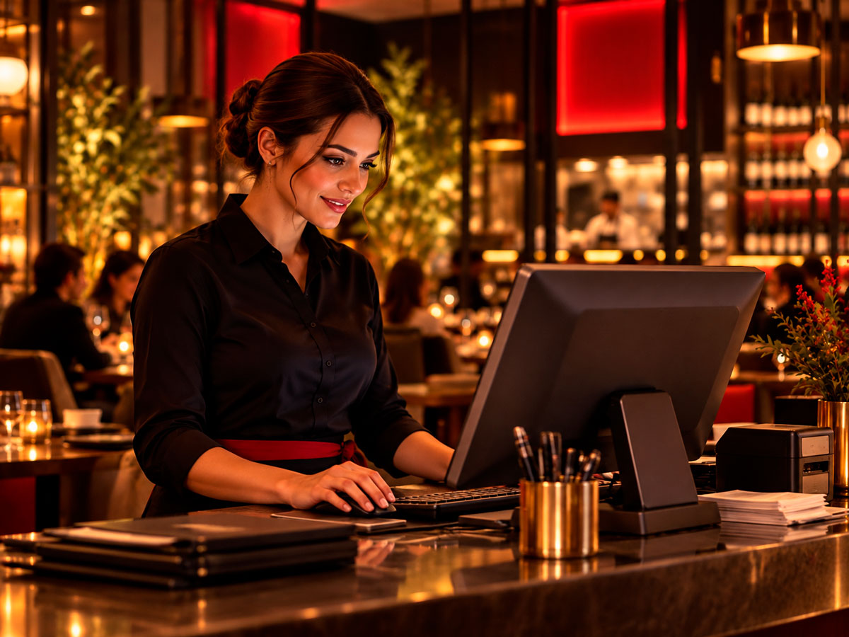 Cajera capturando una venta en la computadora de caja de un restaurante