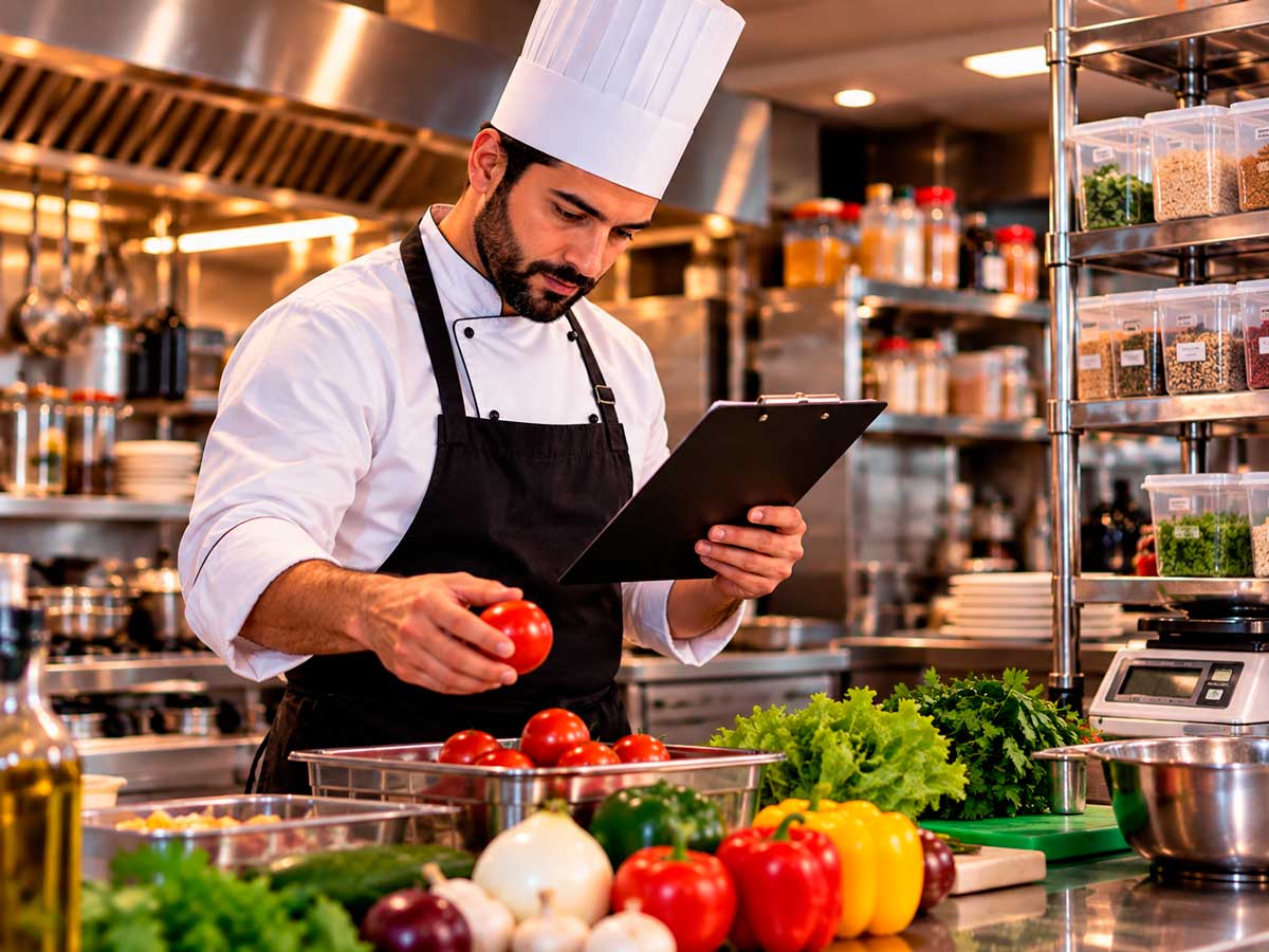 Cocinero revisando una lista de insumos junto a jitomates, verduras y una báscula en la cocina de un restaurante